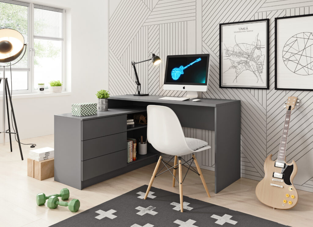 Bureau d'angle TIBO gris fonctionnel avec ses nombreux rangements KAMAZZA