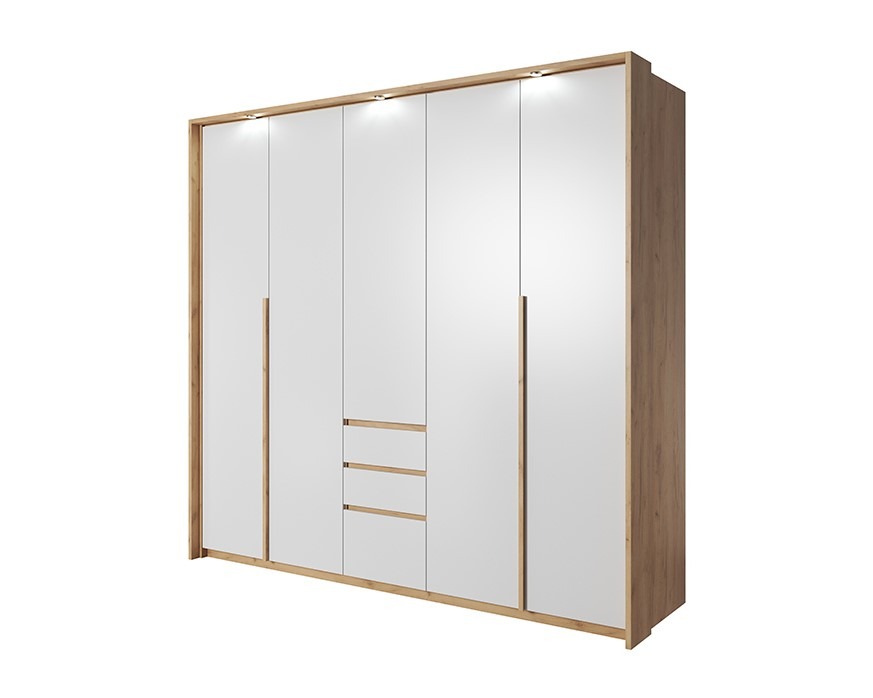 Armoire LYAN 220 cm 4 portes 2 tiroirs chêne et blanc