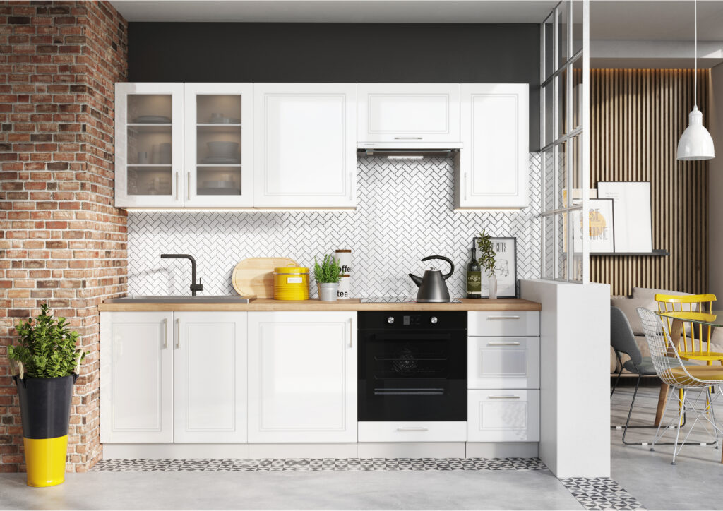 Cuisine complète MIA avec meuble pour four encastrable Blanc brillant; cuisine evec lave vaisselle encastrable