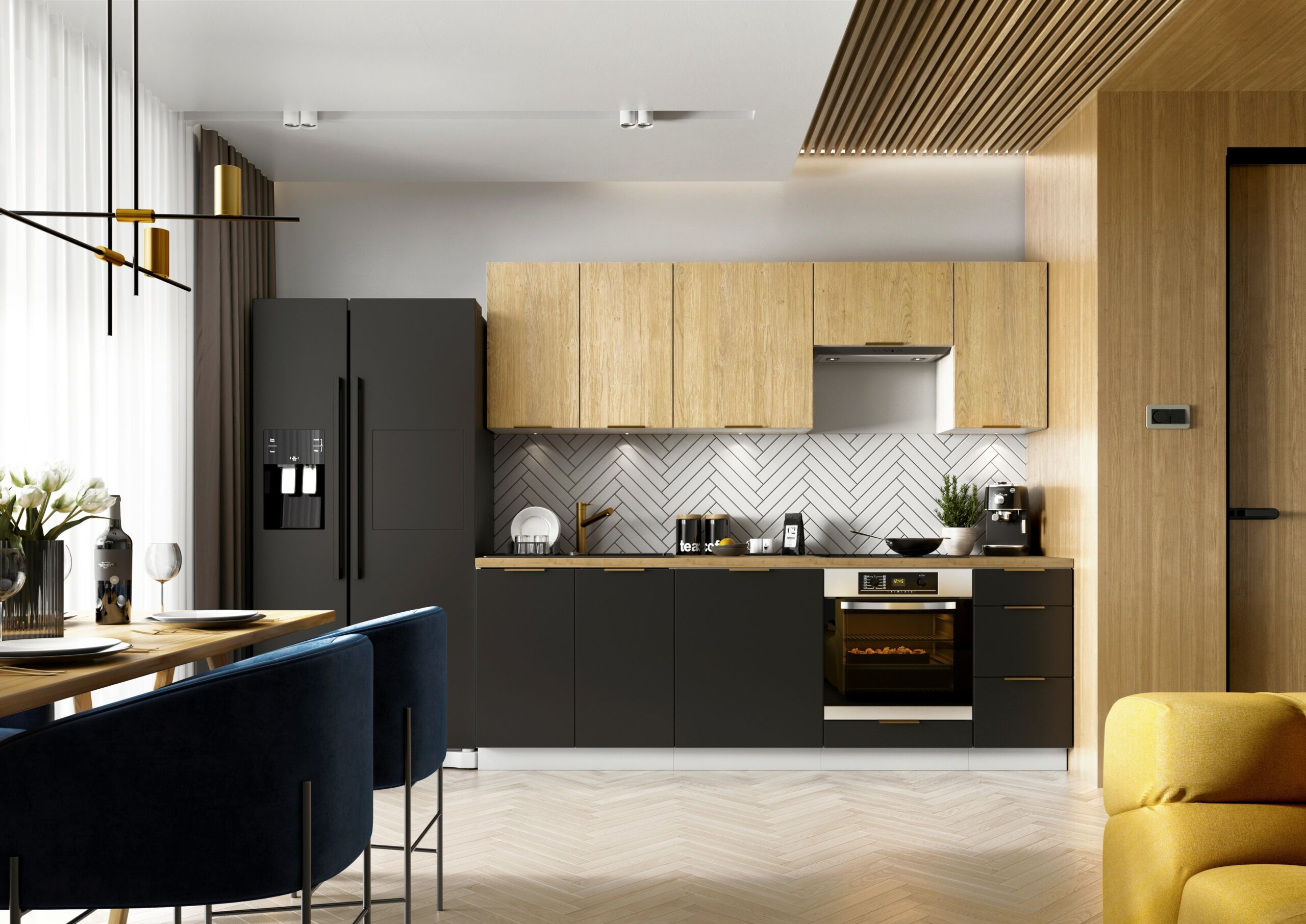 Cuisine complète noir mat et bois LUNA 2,60m Noir mat et Chêne