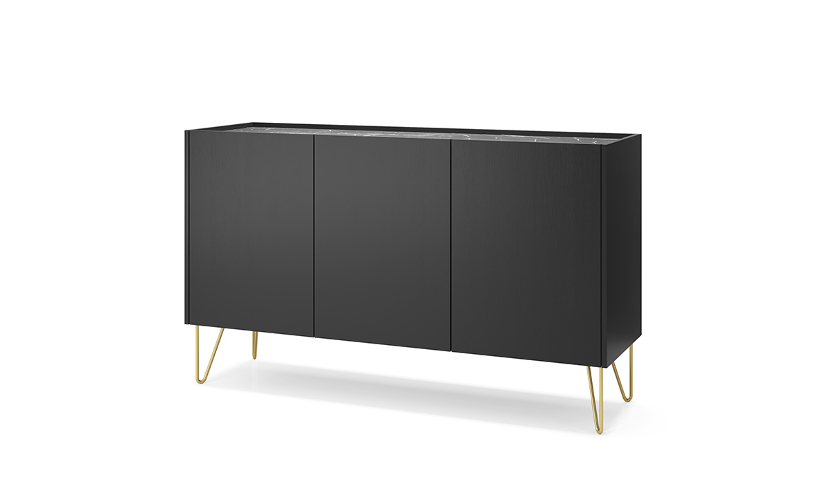 Élégance contemporaine : Buffet Alicia Kamazza 144 cm, trois portes pour un rangement chic, rehaussé par des pieds en métal doré pour une touche de luxe discret.