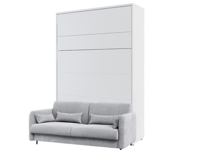 Canapé et lit escamotable intégré gris clair avec lit blanc mat