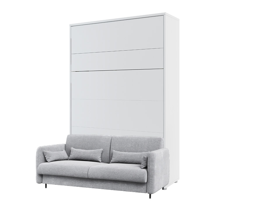 Canapé et lit escamotable intégré gris clair avec lit blanc mat