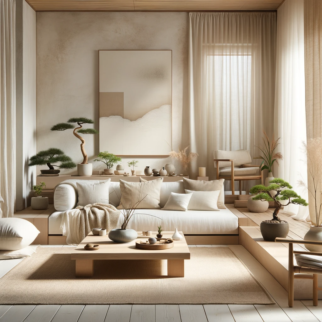 "Sérénité et style se fondent dans cet espace de vie Japandi, où chaque élément cultive l'équilibre et la tranquillité.