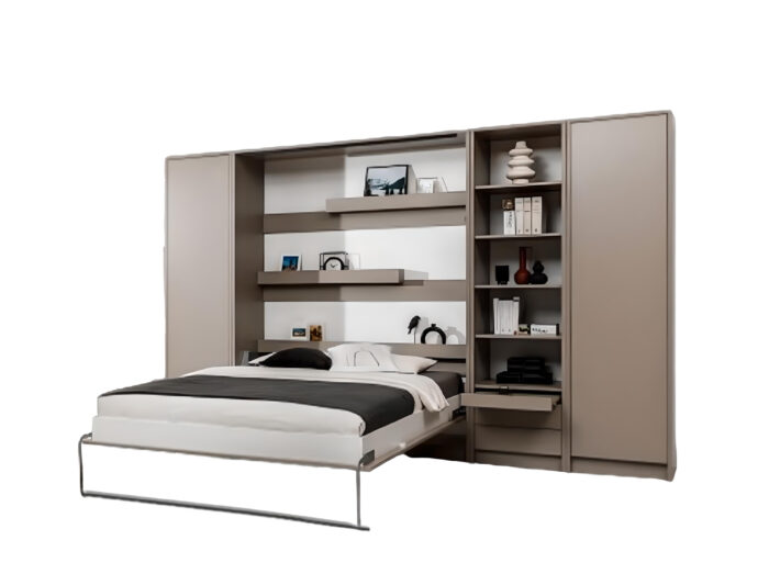 Lit escamotable avec rangements et bibliothèque 1 chevet LOLITA taupe