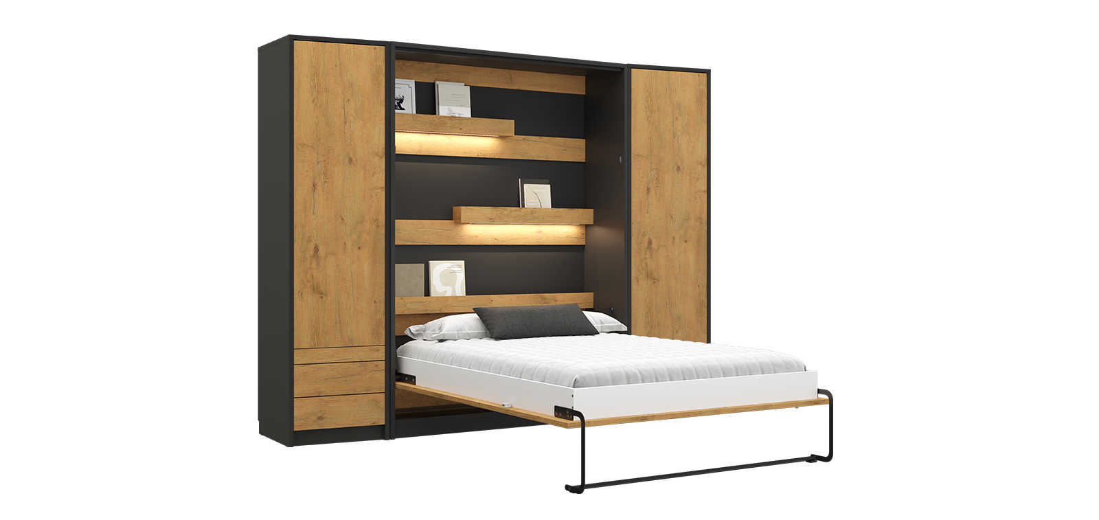 Lit escamotable avec armoires - lolita - bois noir ouvert