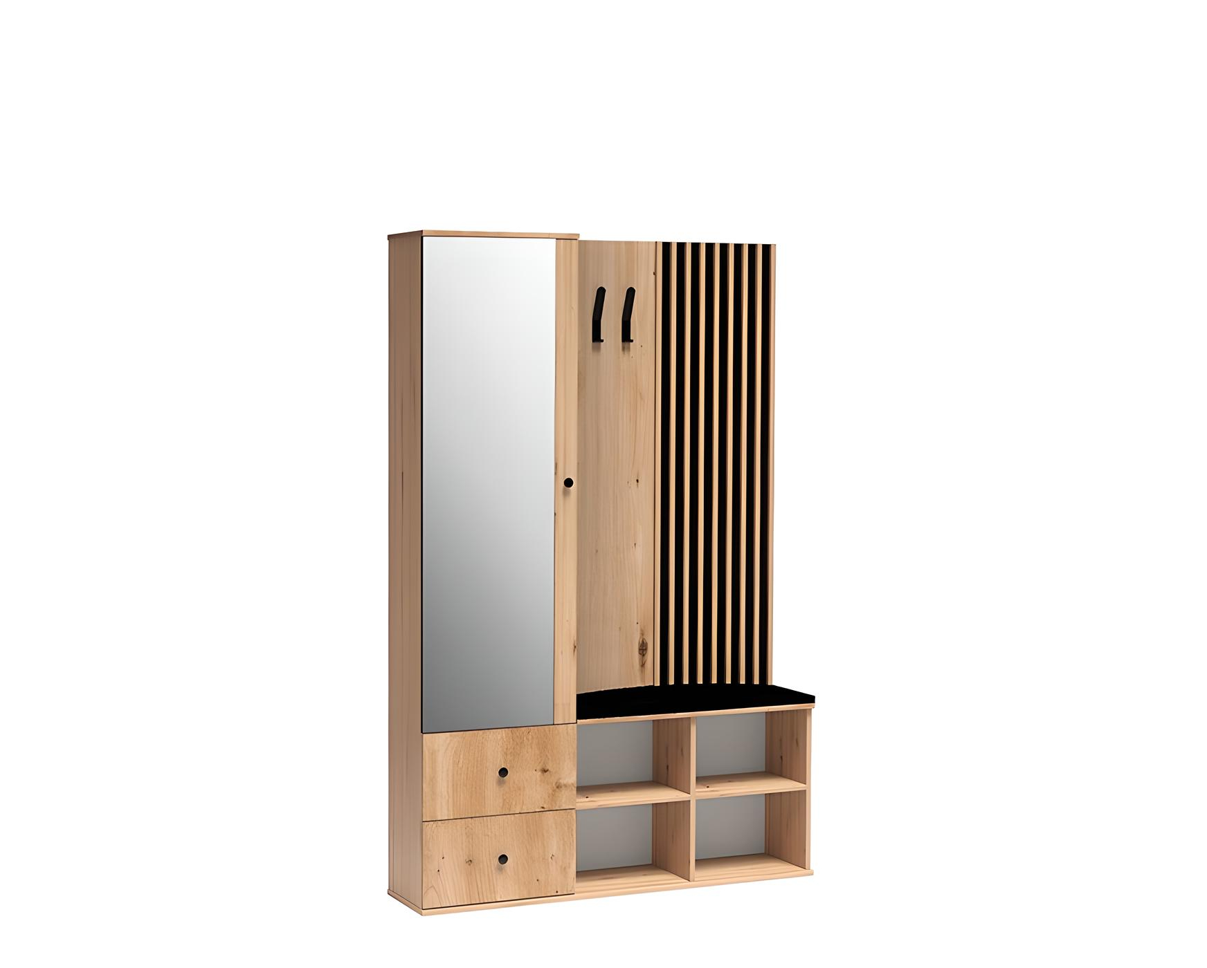 Meuble d'entrée vestiaire 1 porte 2 tiroirs avec étagères Chêne et Noir 130 cm - ZEBRA; meuble entrée