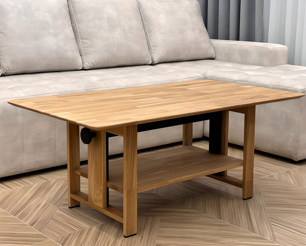 Table basse relevable bois massif de chêne design Leo