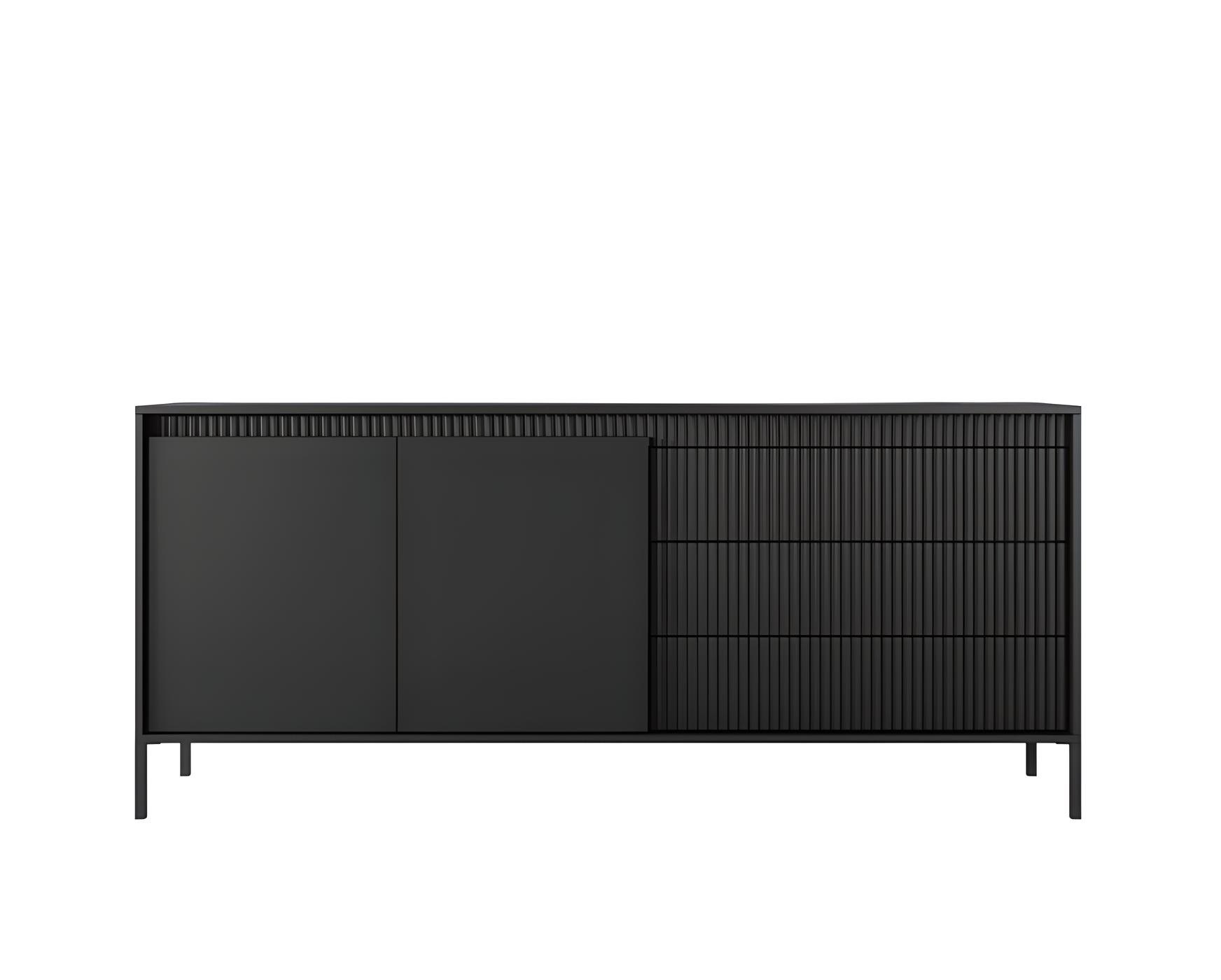 ROMANE Buffet noir avec 2 portes, 3 tiroirs et 4 étagères pour un rangement pratique et élégant.