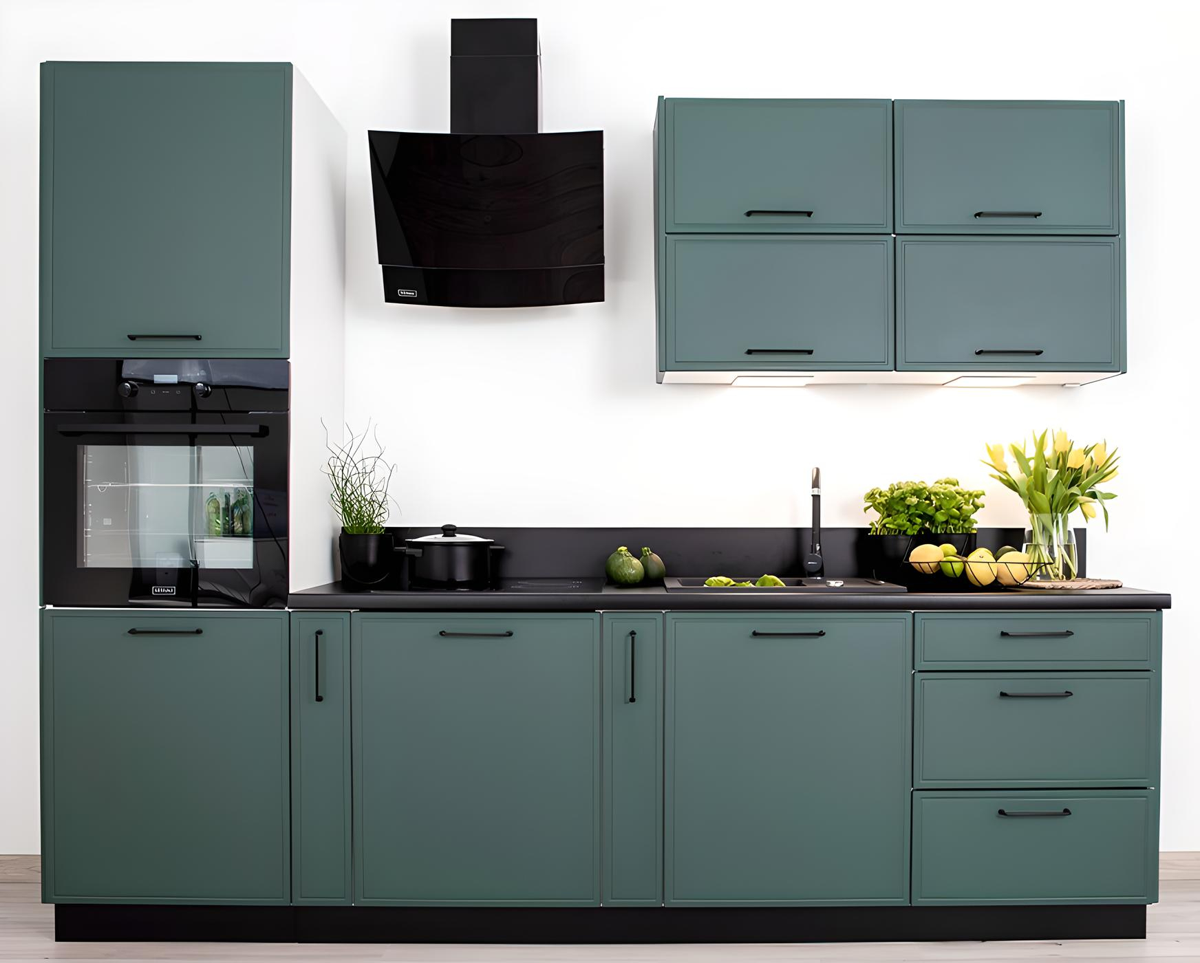 Cuisine complète verte LYNN en vert profond, équipée d'un rangement intelligent pour ustensiles