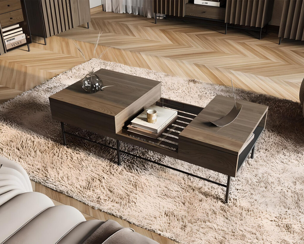 Zoom sur la table basse CARENNE, qui cache un espace de rangement pratique sous son élégant plateau en bois foncé