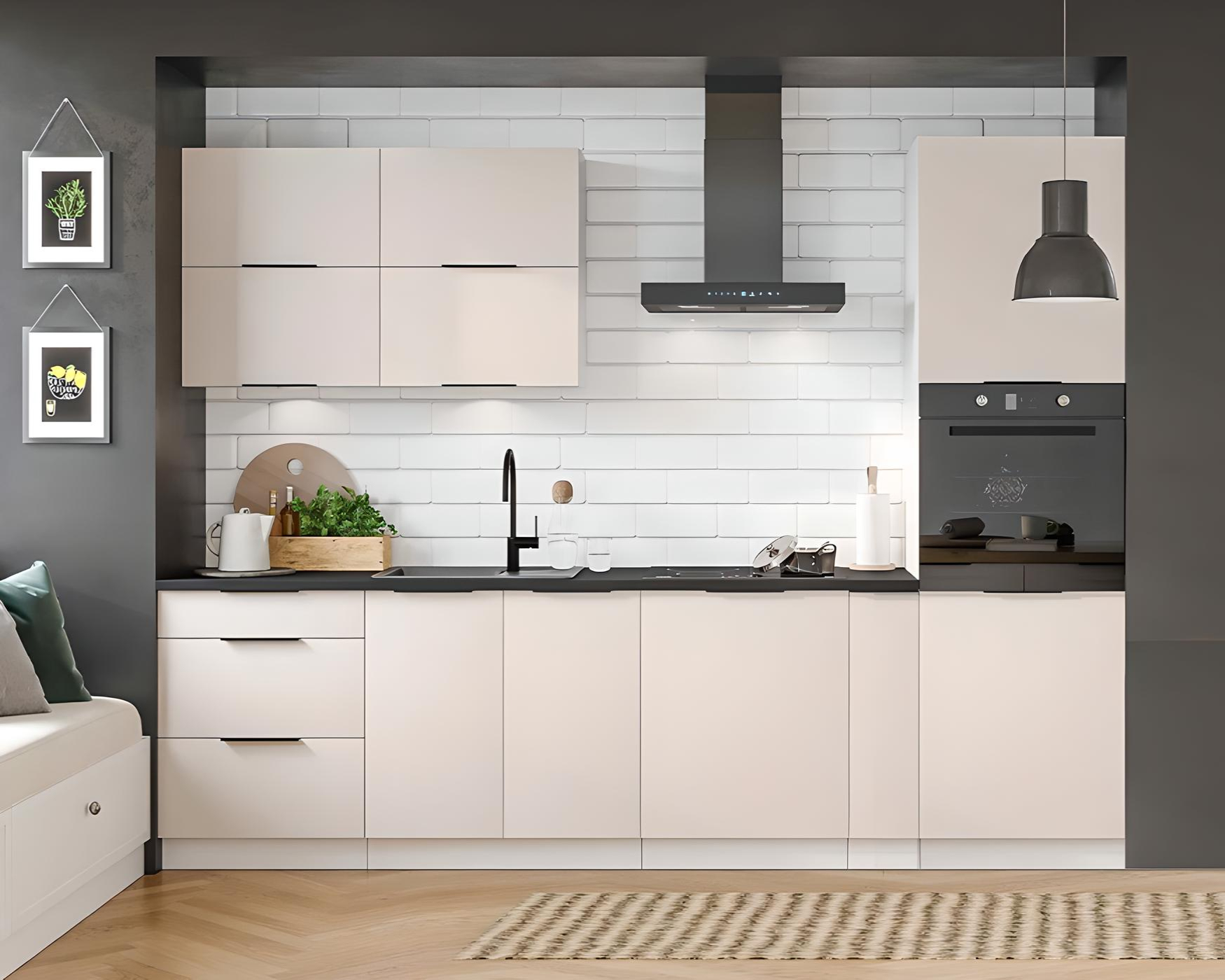 Cuisine complète pas cher colonne four encastrable, cuisine beige, cuisine complète pas cher four encastrable beige 275 cm - KARENNE