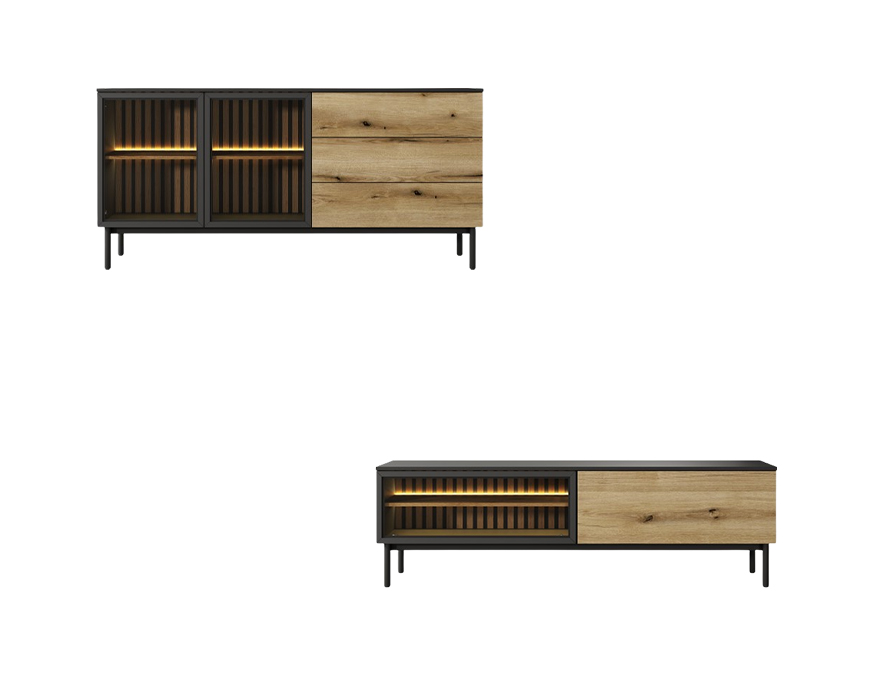 Salon complet avec buffet et meuble télé 180 cm – CAMILLE; Un meuble TV et un buffet de la même couleur créant une harmonie dans la pièce