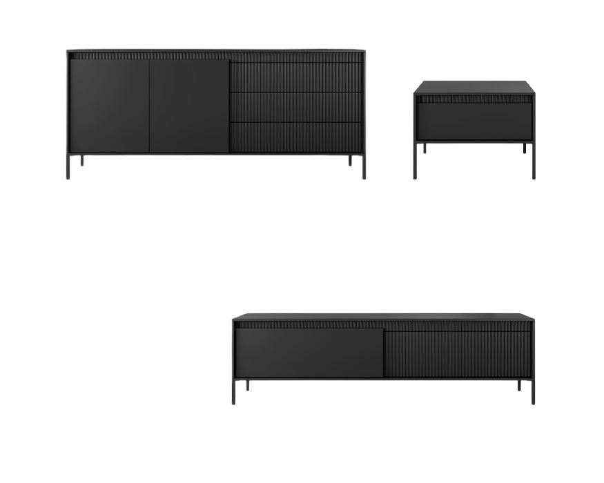 Salon complet avec buffet meuble télé 187 cm et table basse noir – ROMANE