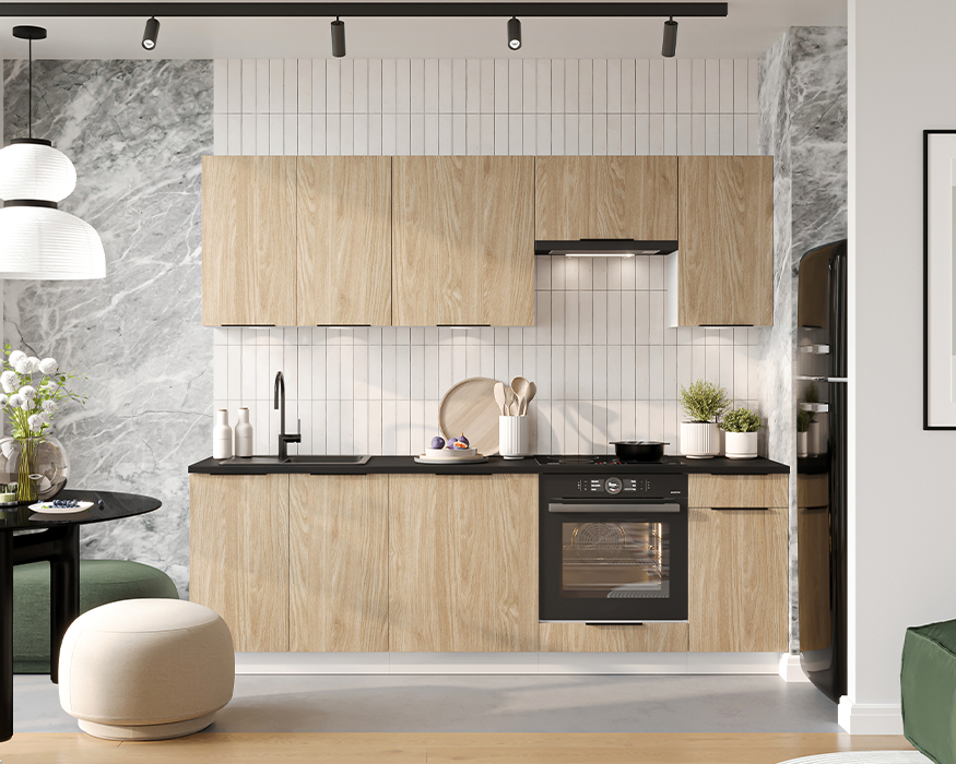 Tendance et pratique la cuisine complète option four encastrable chêne 240 cm Karenne vous facilitera la vie