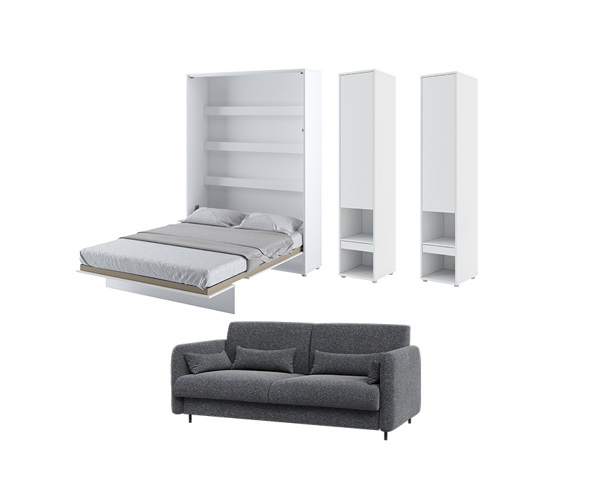 Lit escamotable canapé et rangement ensemble lit escamotable blanc mat et deux colonne avec un canapé gris entracite tissus velours