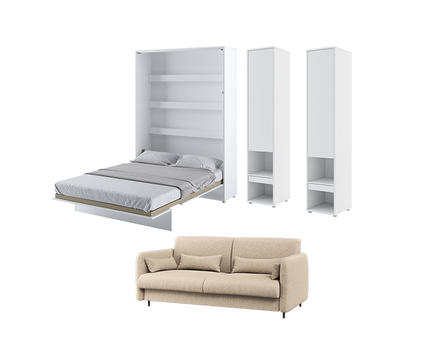 KAMAZZA ensemble lit escamotable et deux colonne en blanc et canapé en tissus bouclette