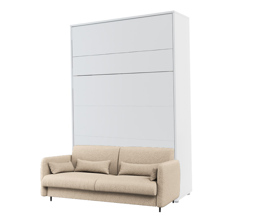 KAMAZZA lit escamotable blanc avec canapé beige tissus bouclette