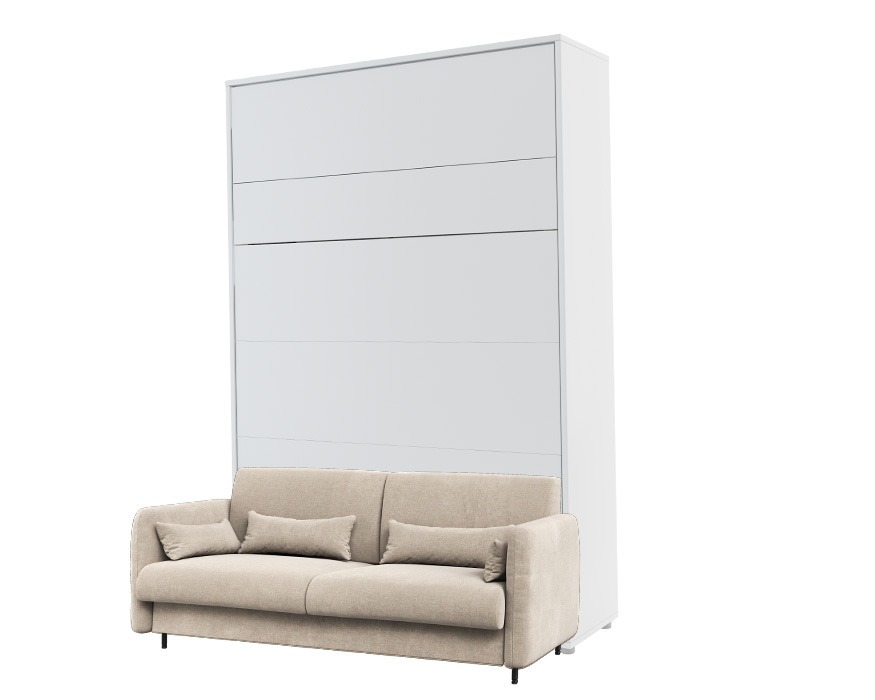 KAMAZZA lit escamotable blanc mat avec canapé beige en tissus velours