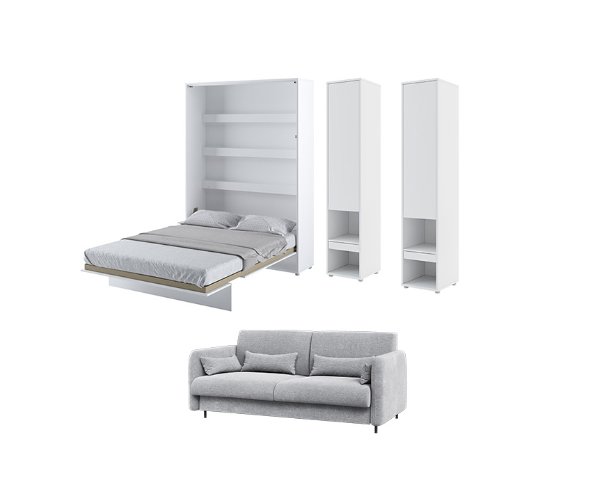 KAMAZZA ensemble lit escamotable blanc avec deux colonne et canapé velour gris claire