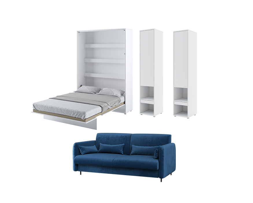 KAMAZZA ensemble lit escamotable en blanc mat avec deux colonne et canapé velours en bleu navy