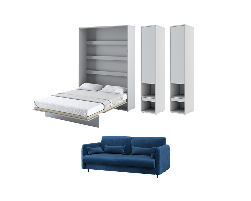 KAMAZZA ensemble lit escamotable gris et canapé velour bleu navy