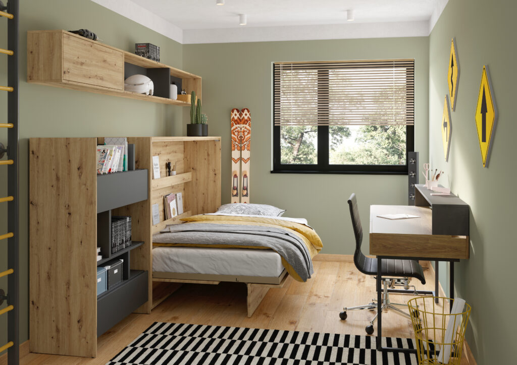 lit escamotable horizontal 120x200 SMART avec rangements assortis - bois ouvert - photo d'ambiance; soldes meubles 2025