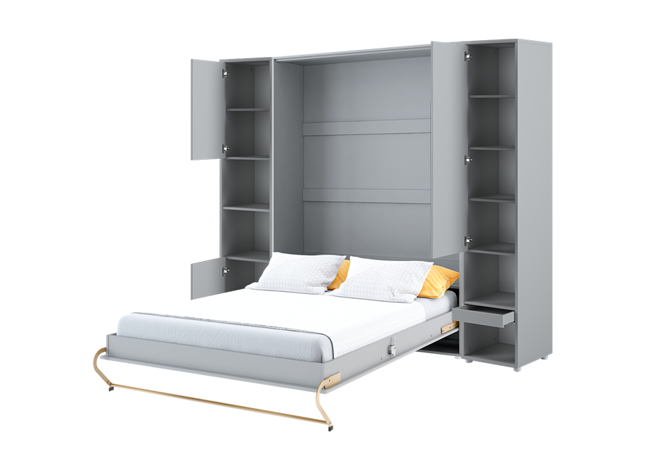 Lit placard 2 places vertical 140x200 avec armoires - ouvert gris