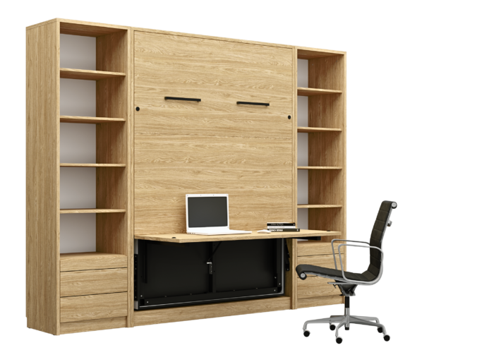 lit escamotable et bibliothèque - LOLITA - bois bureau ouvert; lit escamotable vertical avec bureau intégré