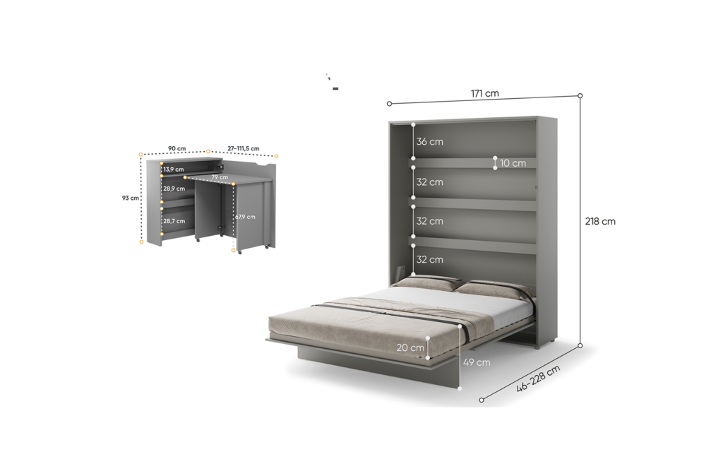 Lit escamotable SMART et bureau EASY ouverture à droite - dimensions