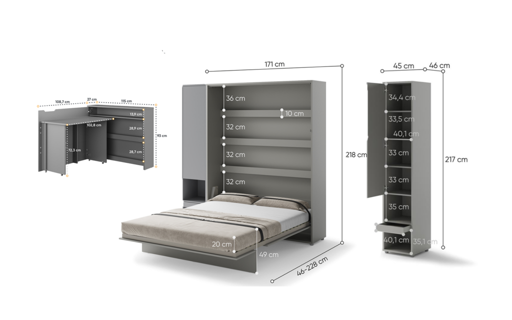 Lit escamotable SMART et bureau ENJOY ouverture à gauche - dimensions
