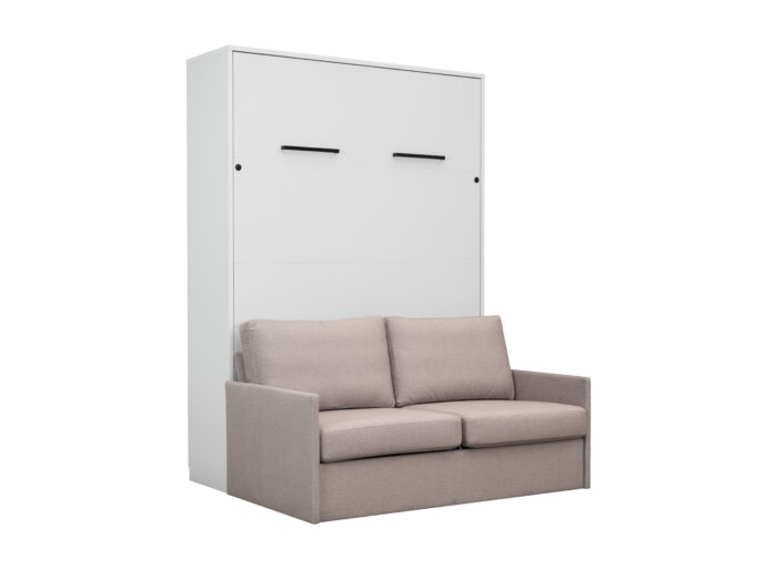 Lit mural escamotable avec canapé beige - blanc - 3/4 fermé