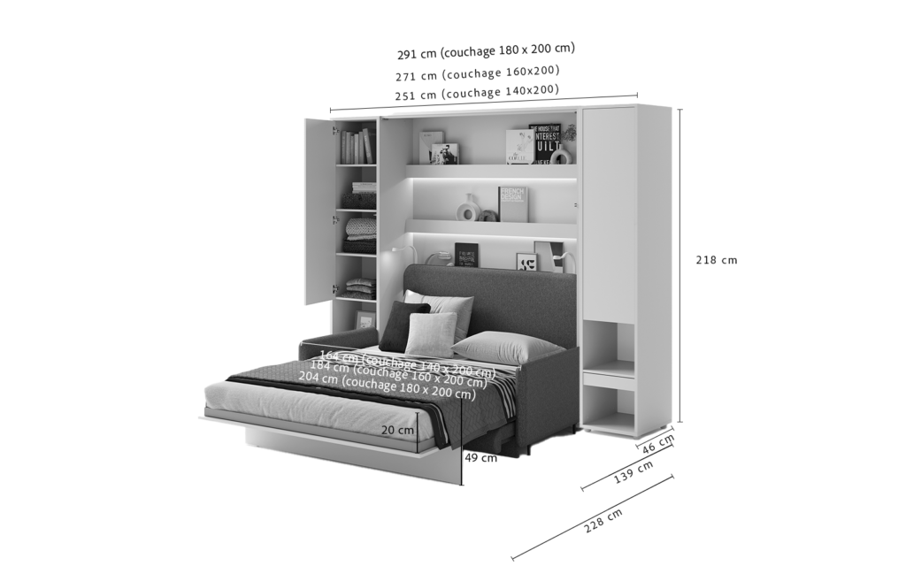 Mit escamotable armoires canapé tête de lit SMART - dimensions