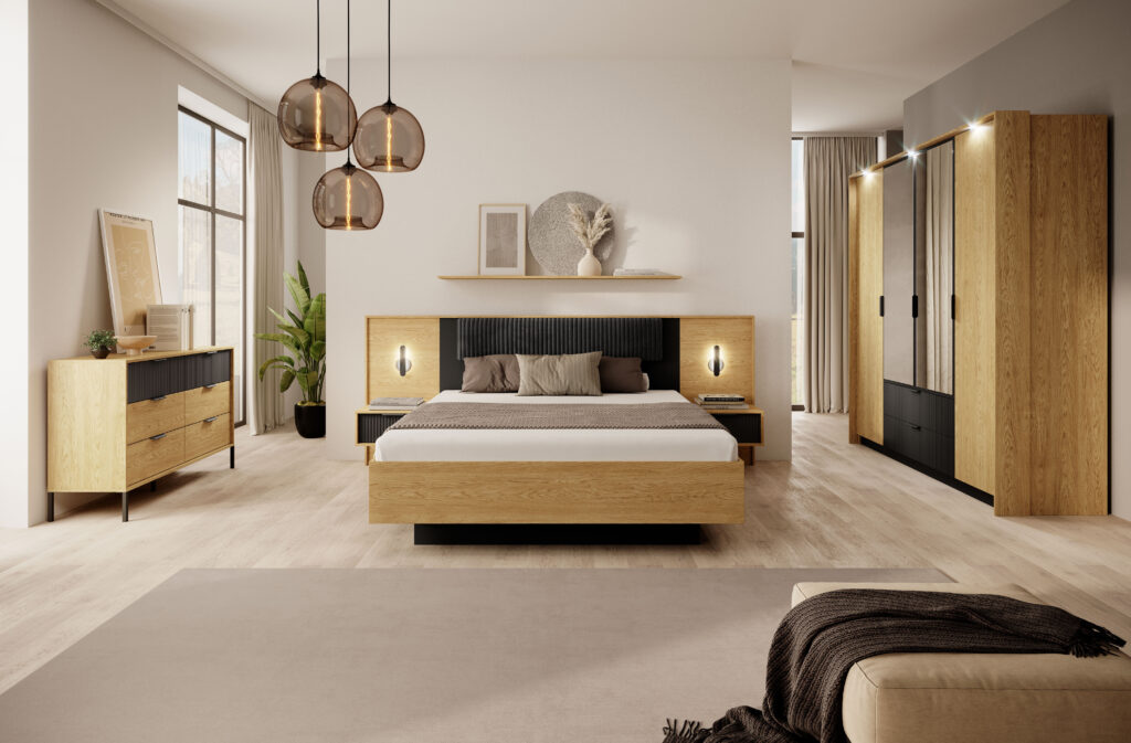 Lit coffre 160x200 cm avec chevets intégré et commode - AVA