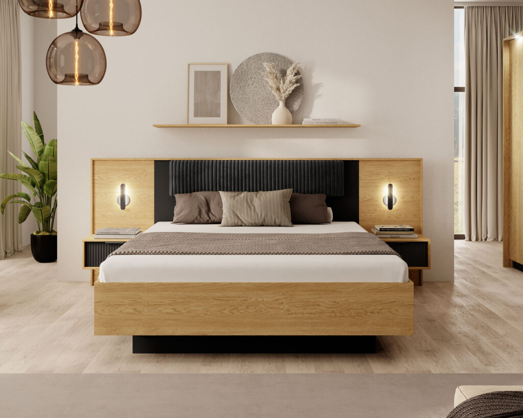 Lit coffre 160x200 cm avec chevets intégré chêne et noir - AVA