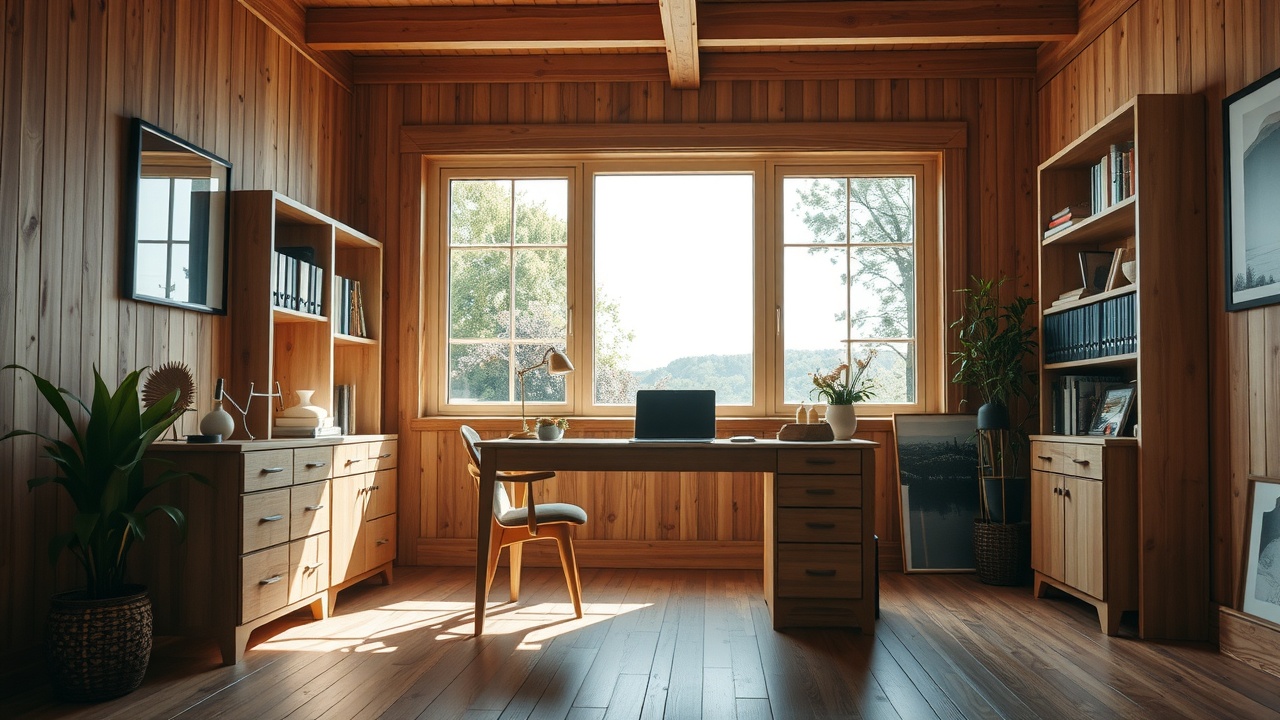 Un bureau en bois clair placé perpendiculairement à une grande fenêtre laissant entrer la lumière du jour.