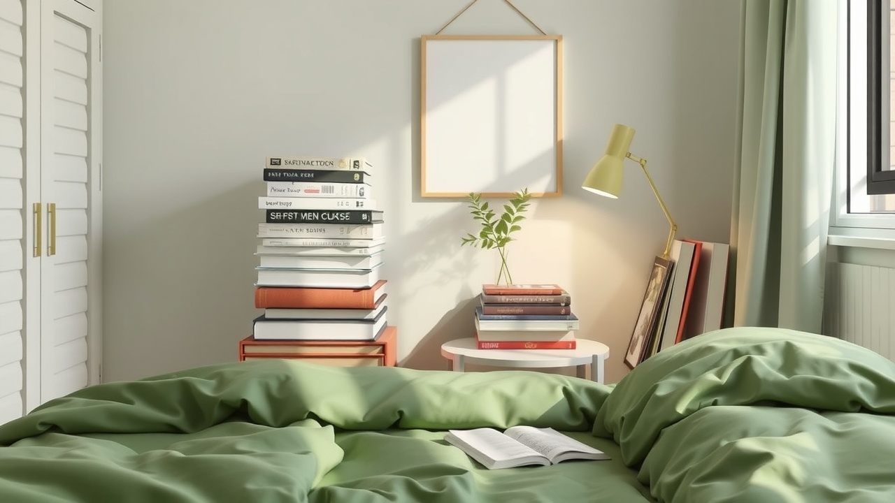 Un coin de chambre bien rangé avec une pile de livres et un petit vase sur une table.