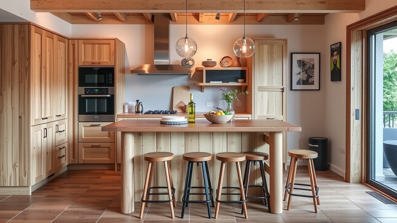 Un îlot de cuisine en bois avec deux tabourets, créant un espace convivial