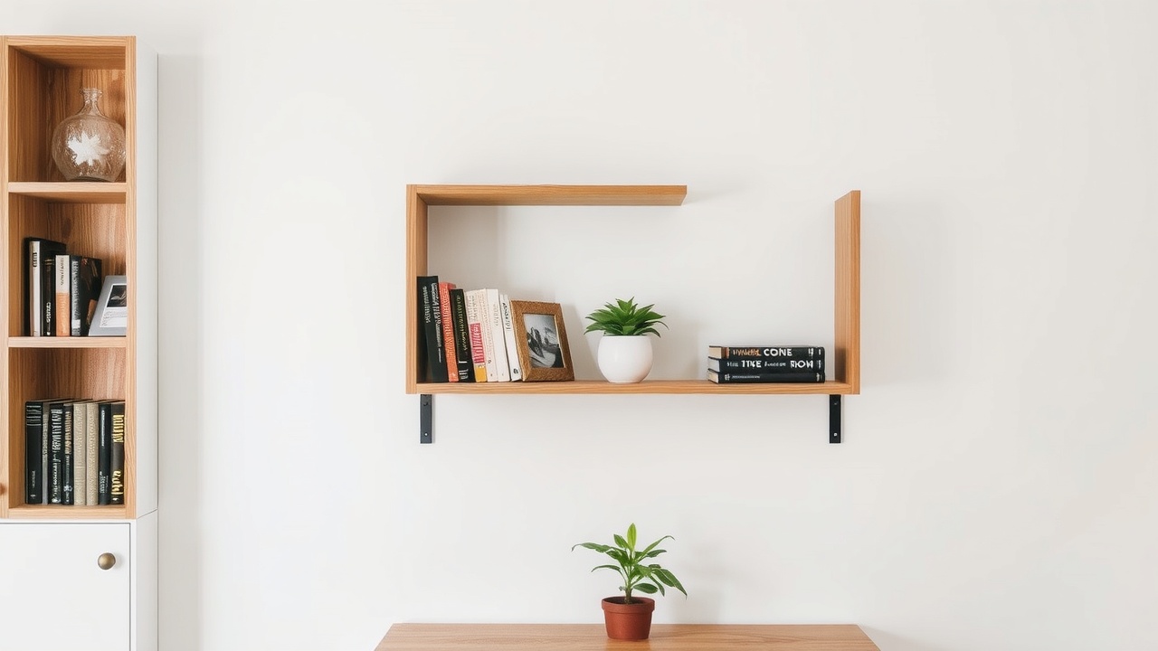 Un mur blanc avec des étagères en bois clair au-dessus d'un bureau, contenant des livres et une petite plante verte.