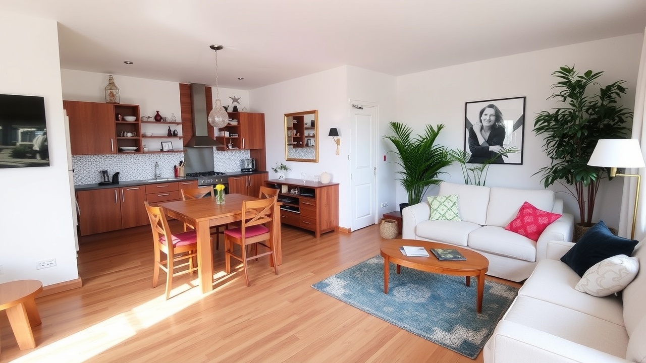 un salon avec un coin salle à manger, une table en bois et des chaises, et un coin salon avec un canapé et des plantes vertes.