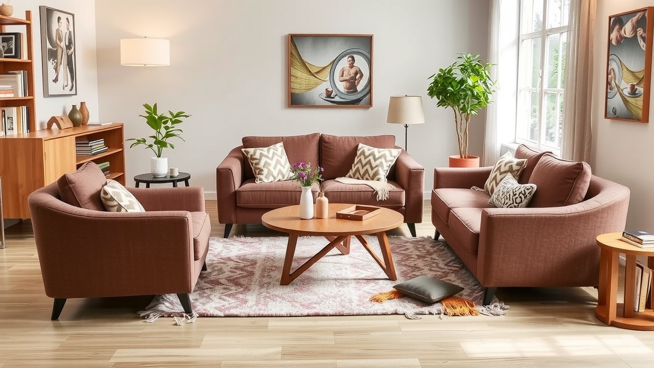 un salon convivial avec un grand canapé faisant face à deux fauteuils, le tout disposé autour d'un tapis.