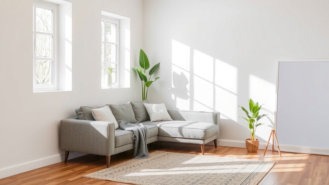 Un salon lumineux avec un canapé gris, un tapis et une plante verte dans un coin.