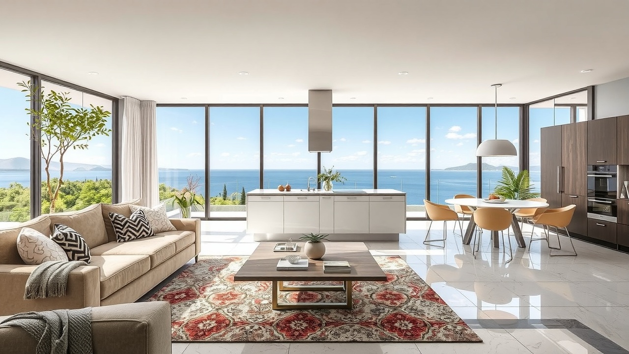 Un salon ouvert sur une cuisine avec un sol différent pour chaque espace