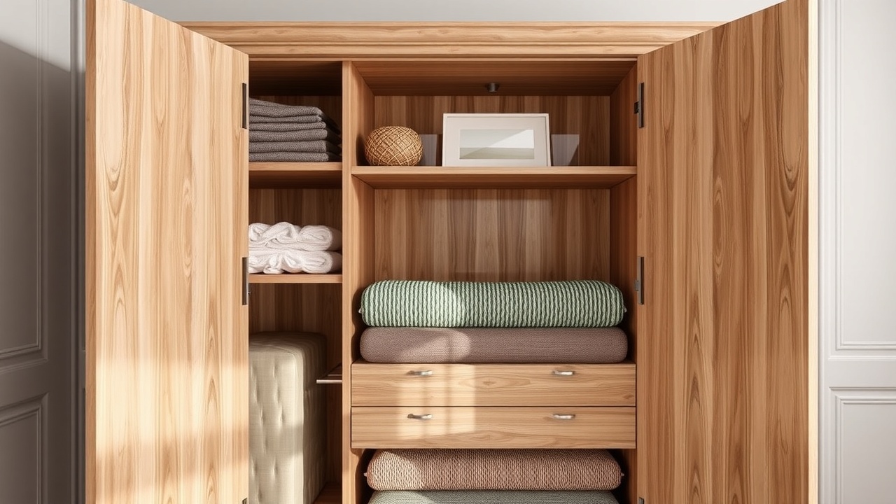 Une armoire ouverte avec des vêtements pliés et rangés par couleur sur les étagères.