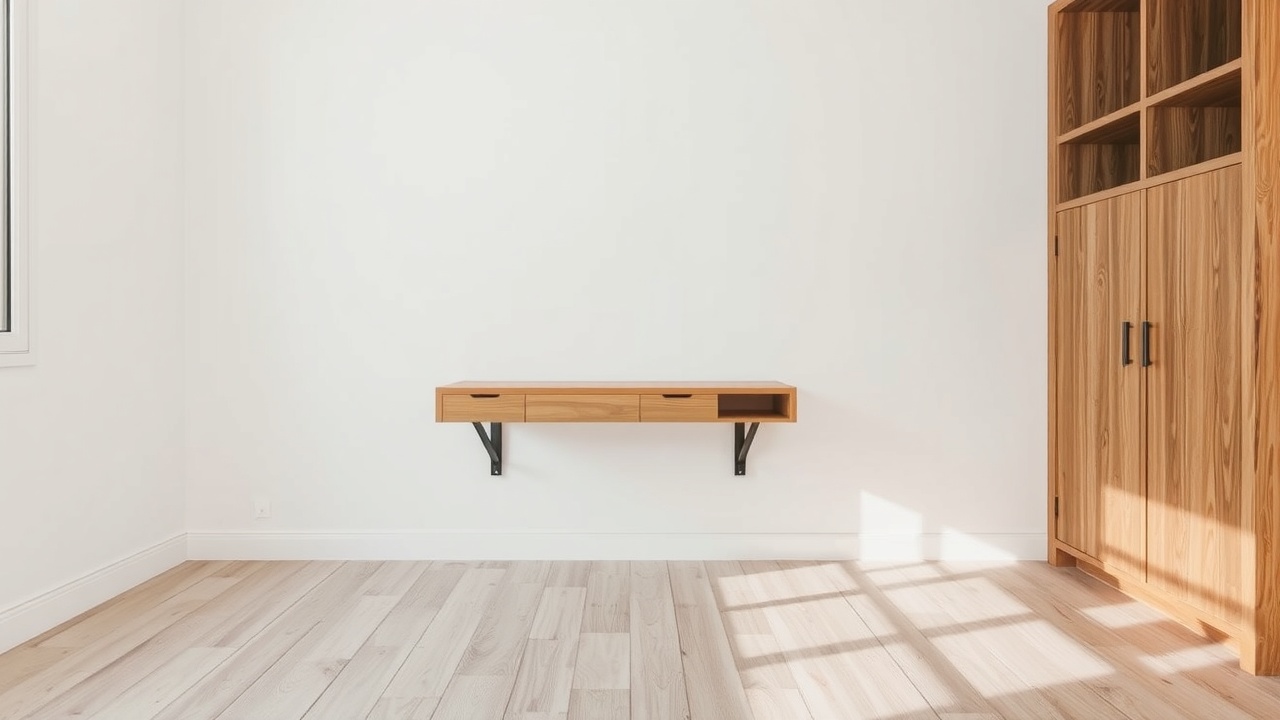 Une chambre avec un bureau suspendu au mur, sans pieds, et le sol visible en dessous.