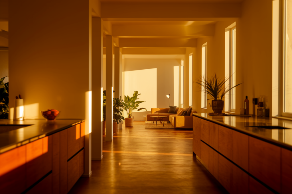 une cuisine ouverte sur salon, décoration minimaliste moderne blanc et bois