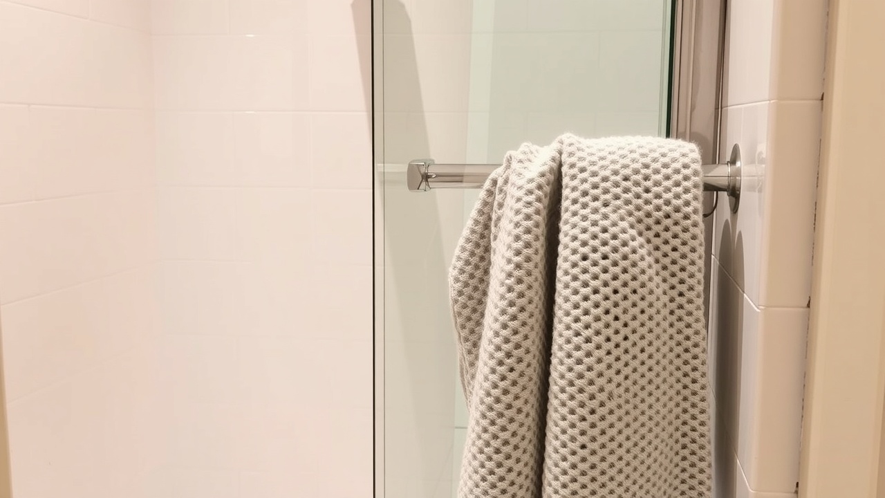 Une douche avec une paroi en verre et un carrelage blanc, une serviette est accrochée à proximité.