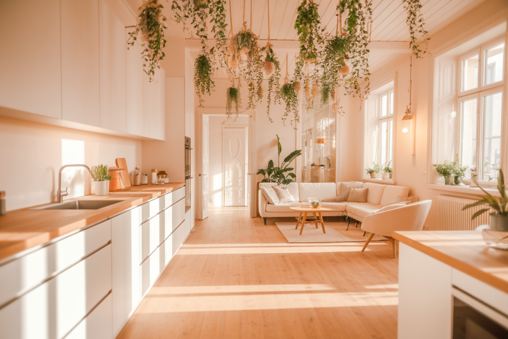 Une magnifique cuisine ouverte sur le salon dans le style nordique