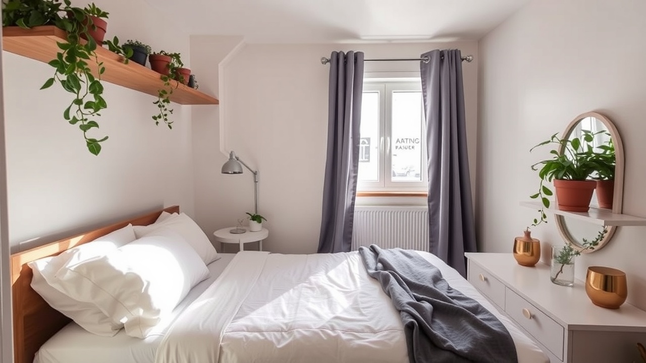 Une petite chambre lumineuse avec un lit bien fait et une plante sur une étagère murale.