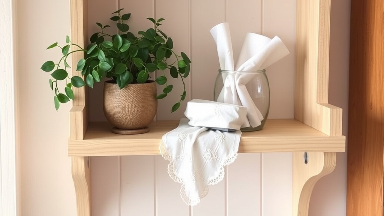 Une étagère murale en bois clair avec une petite plante verte et une serviette blanche enroulée.